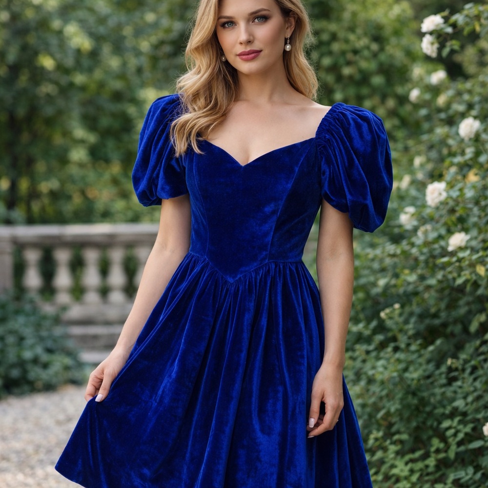 Vintage 80s Royal Blue Velvet Dress | Puff Sleeve Sweetheart Prom Formal Midi